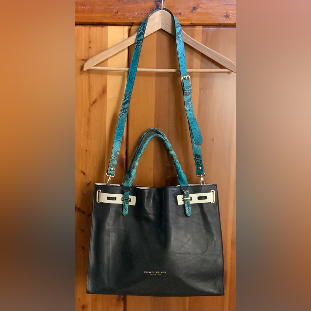Francesco Biasa Leather Large Bag Navy Blue And White. Made In Italy.